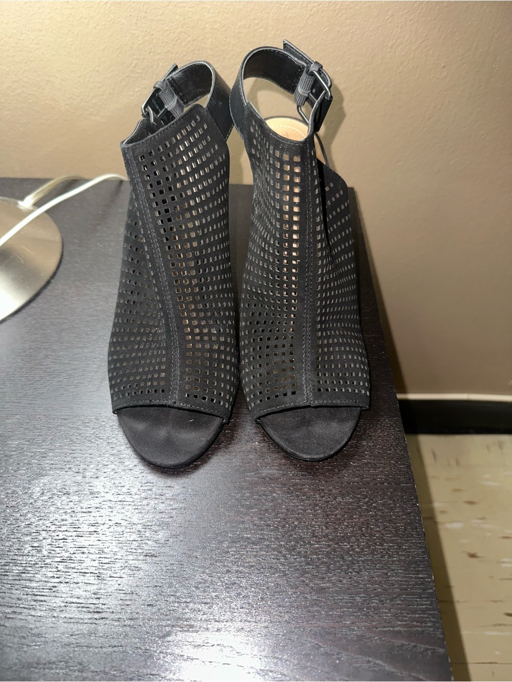 Black Perforated Open-Toe Ankle Booties - Women's